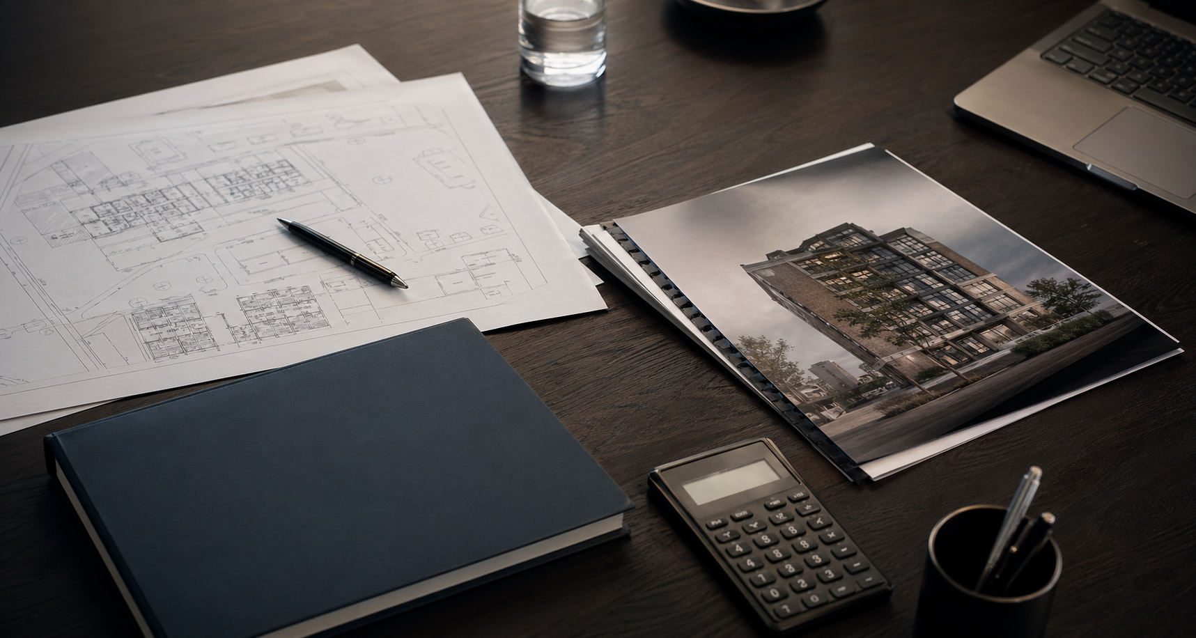 Investment memorandum, architectural plans, and financial materials on a meeting table